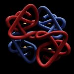 Abstract representation of peptide structures with intertwining red and blue strands