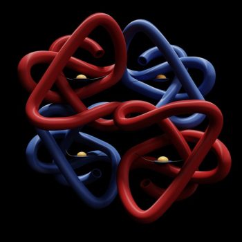 Abstract representation of peptide structures with intertwining red and blue strands